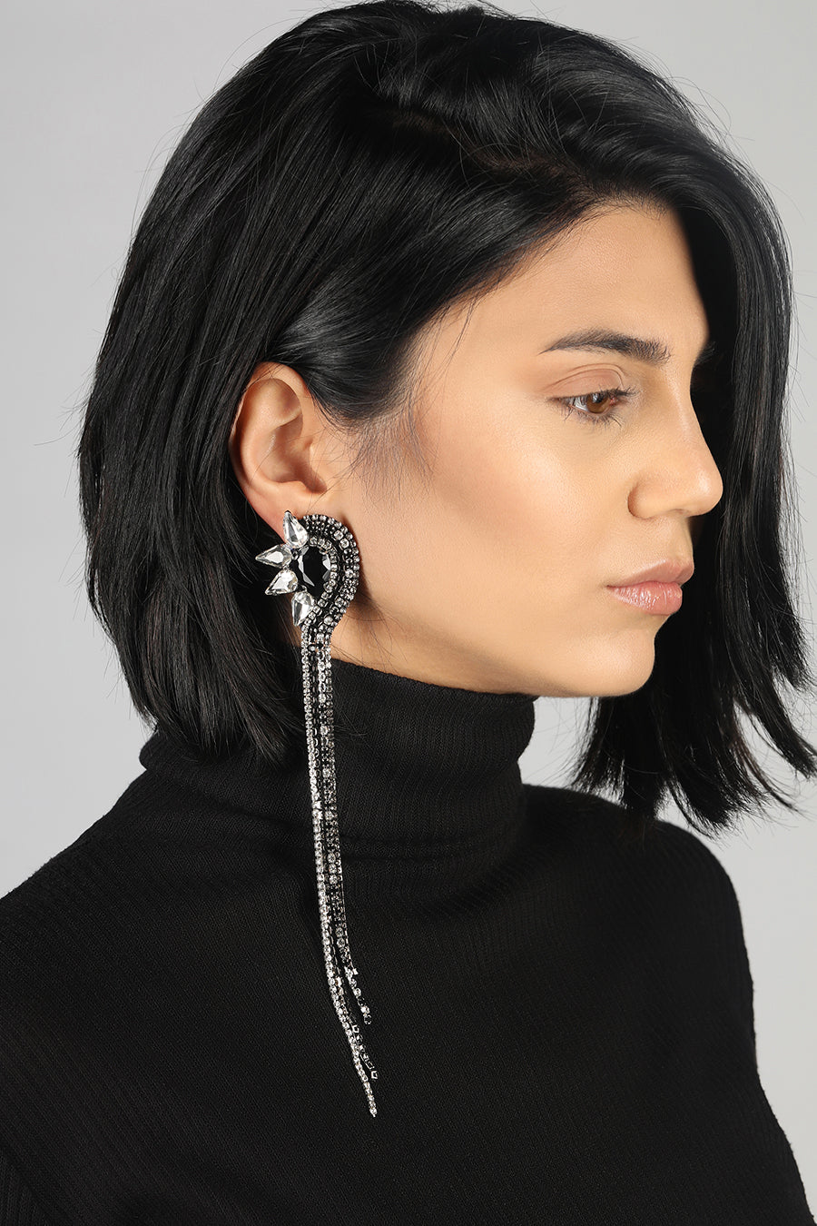 Faina Crystal Mono Clip Earring - Black presentation mode