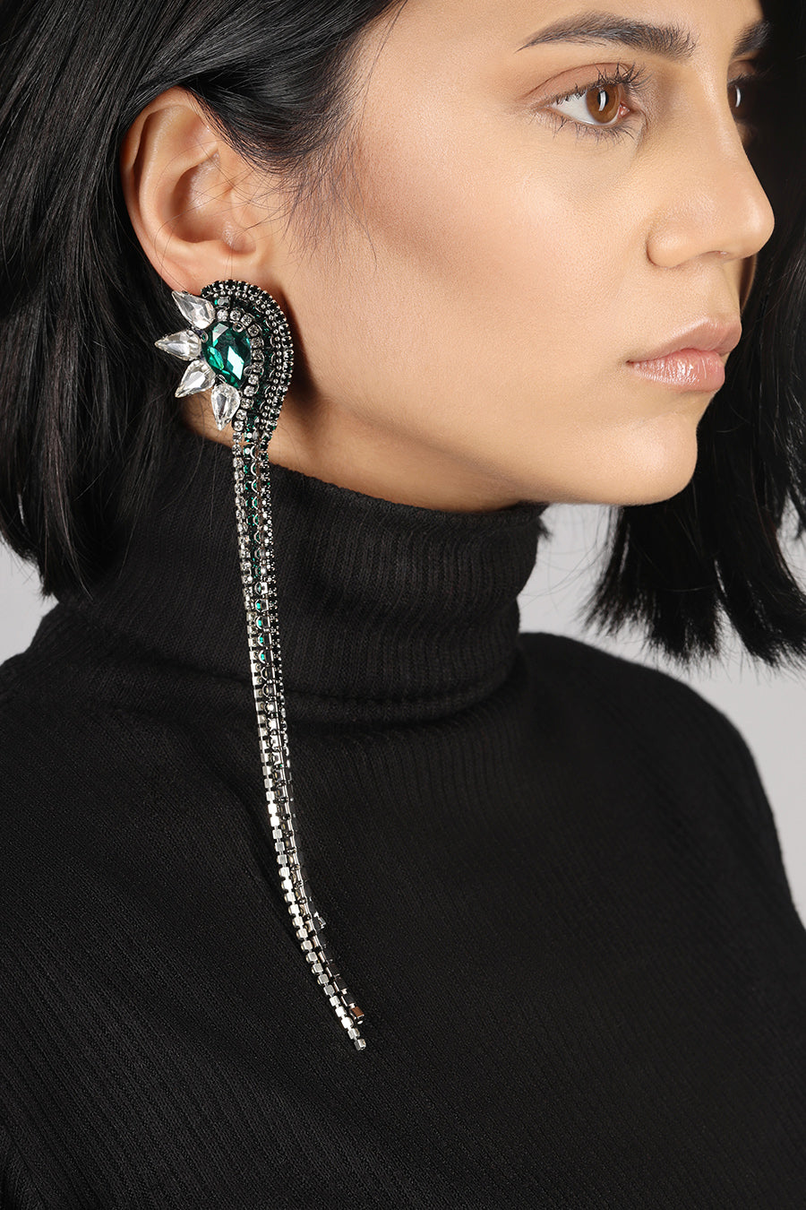 Faina Crystal Mono Clip Earring - Green close view