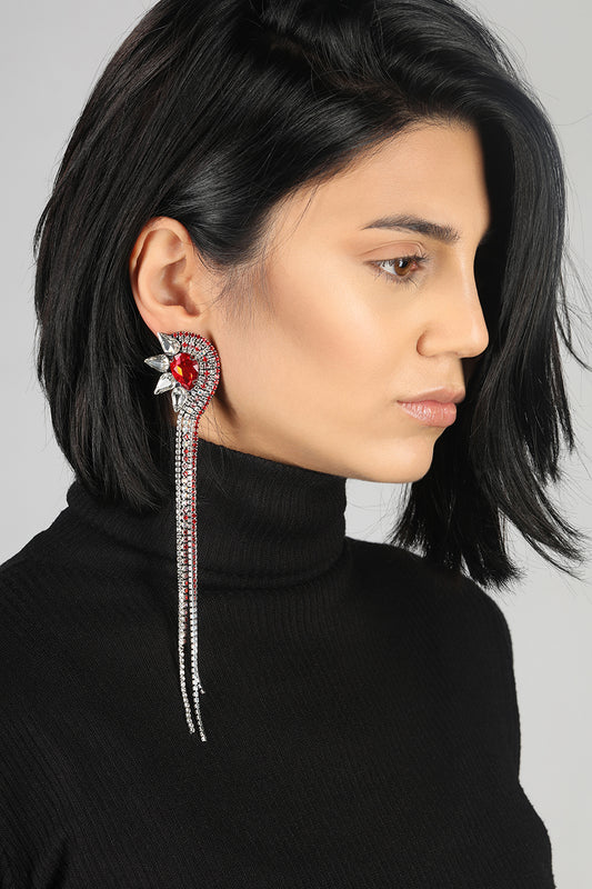 Faina Crystal Mono Clip Earring - Red close view