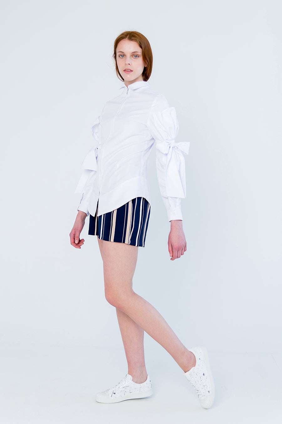 Model Wearing F by Faina White Ruffled Shirt