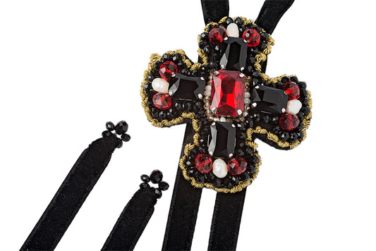 Ribbon Necklace - Cross black and red