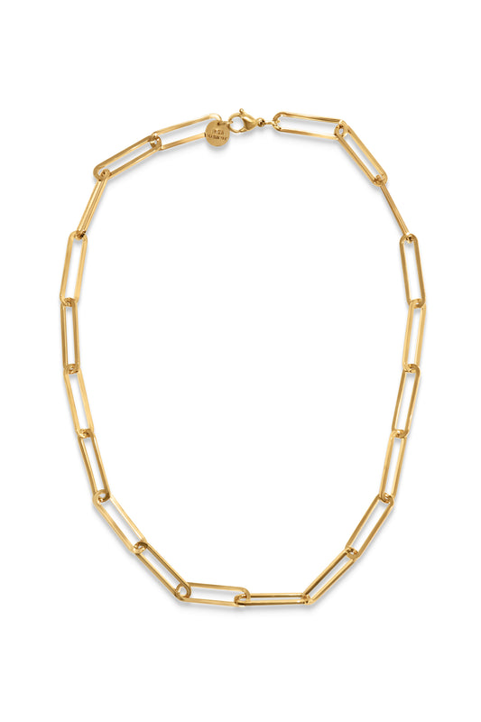 necklace is hand strung from elongated gold-tone simple chain