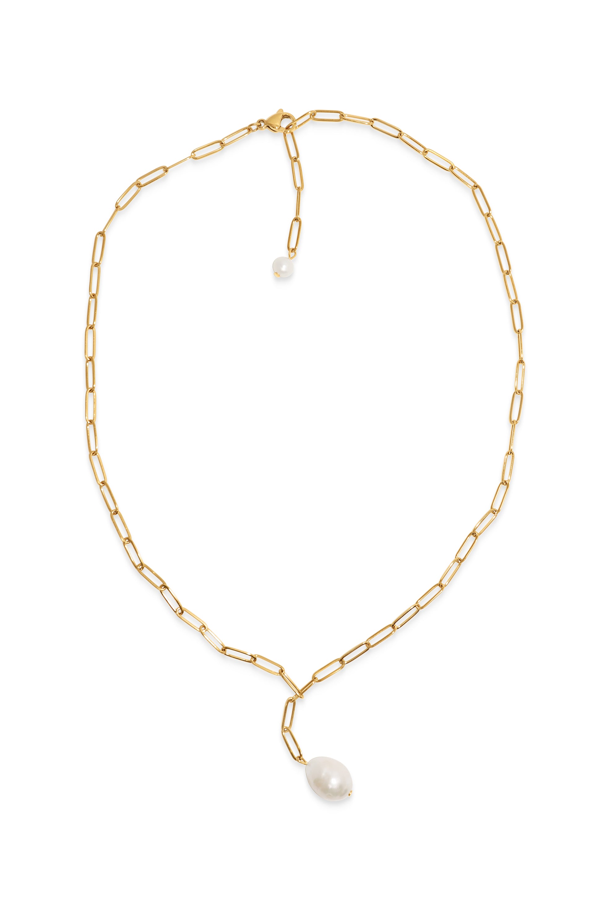 necklace is made from the elongated gold-tone chain links strung with river pearl