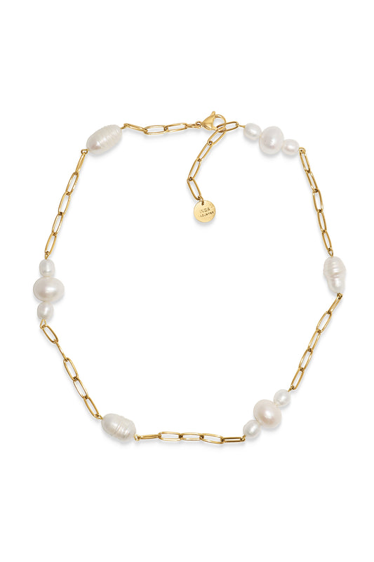 necklace is made from elongated gold-tone chain links strung with river pearls