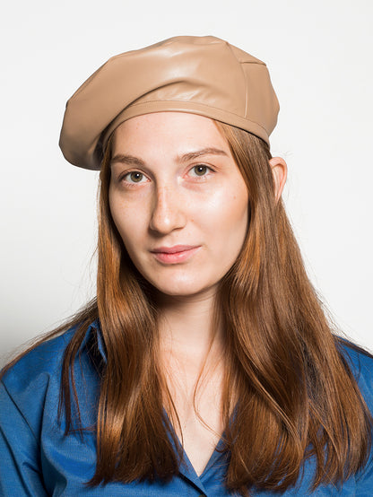 Model wearing Faux-Leather Beret - Beige