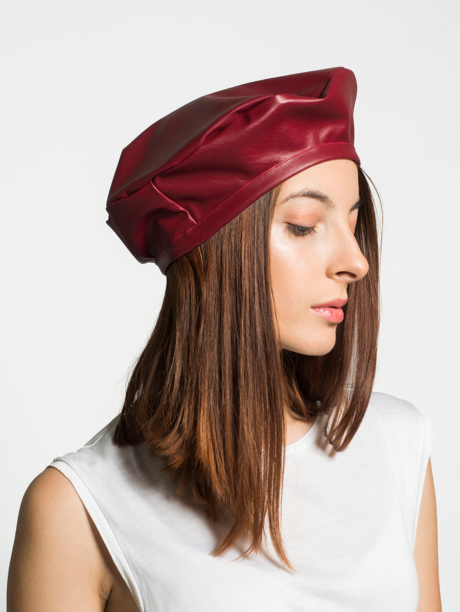 Faux-Leather Beret - Carmine side view