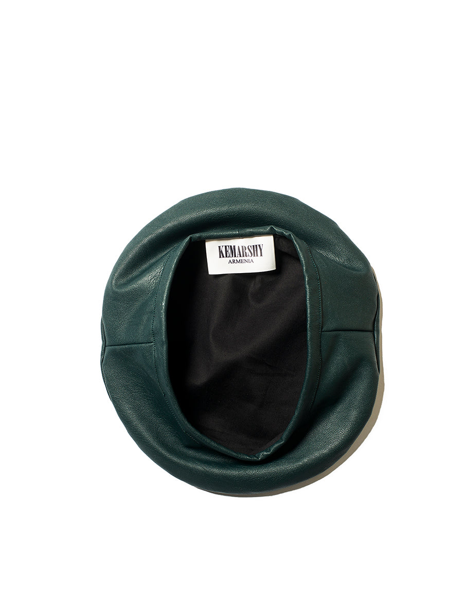 Faux-Leather Beret - Dark Green with logo view