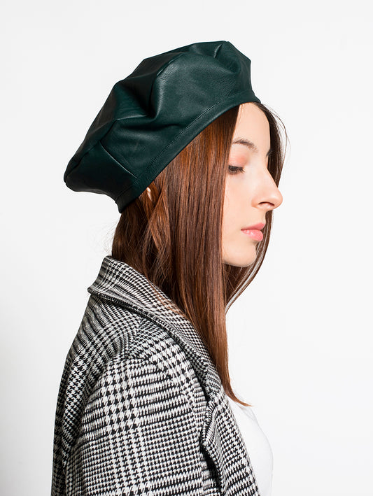 Faux-Leather Beret - Dark Green side view