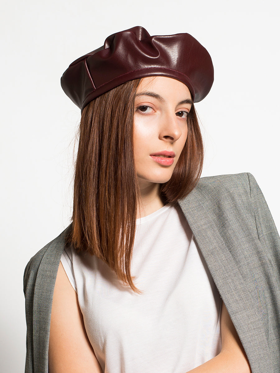 Faux-Leather Beret - Merlot by Kemarshy
