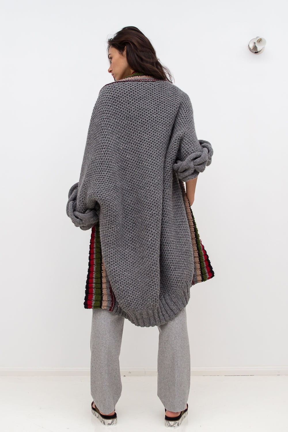 Knitted grey cardigan with braids by Loom back view