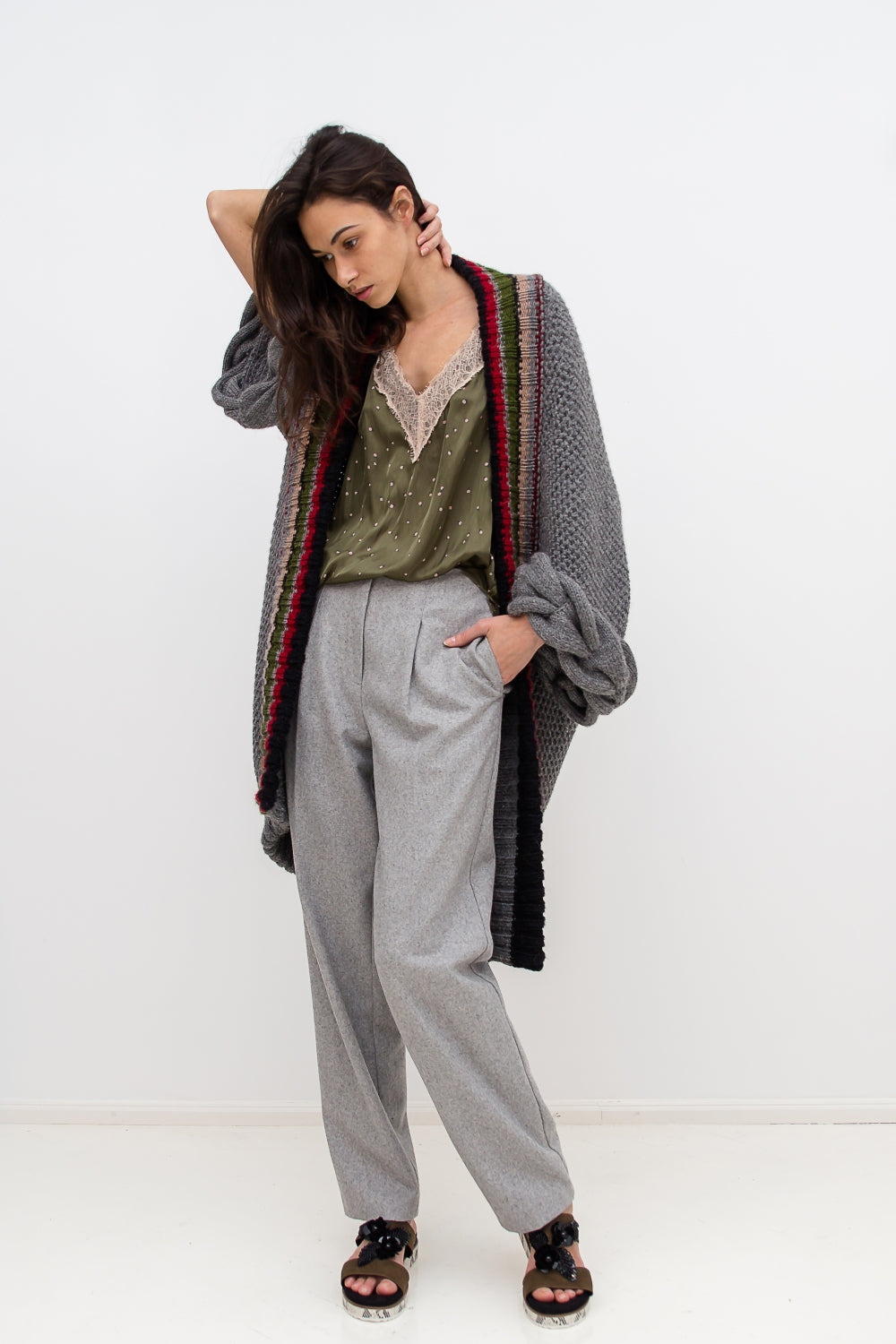 Knitted grey cardigan with braids