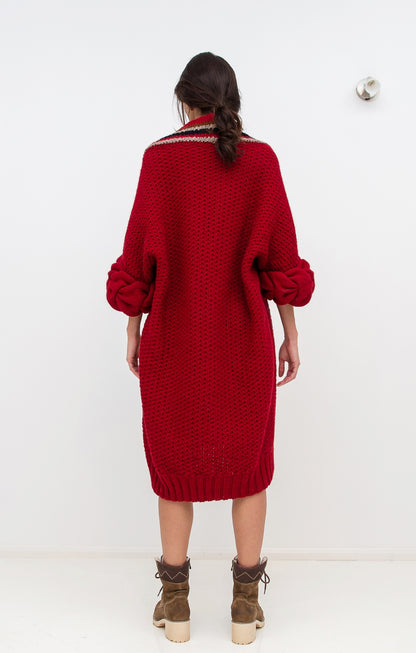 Knitted red cardigan back view