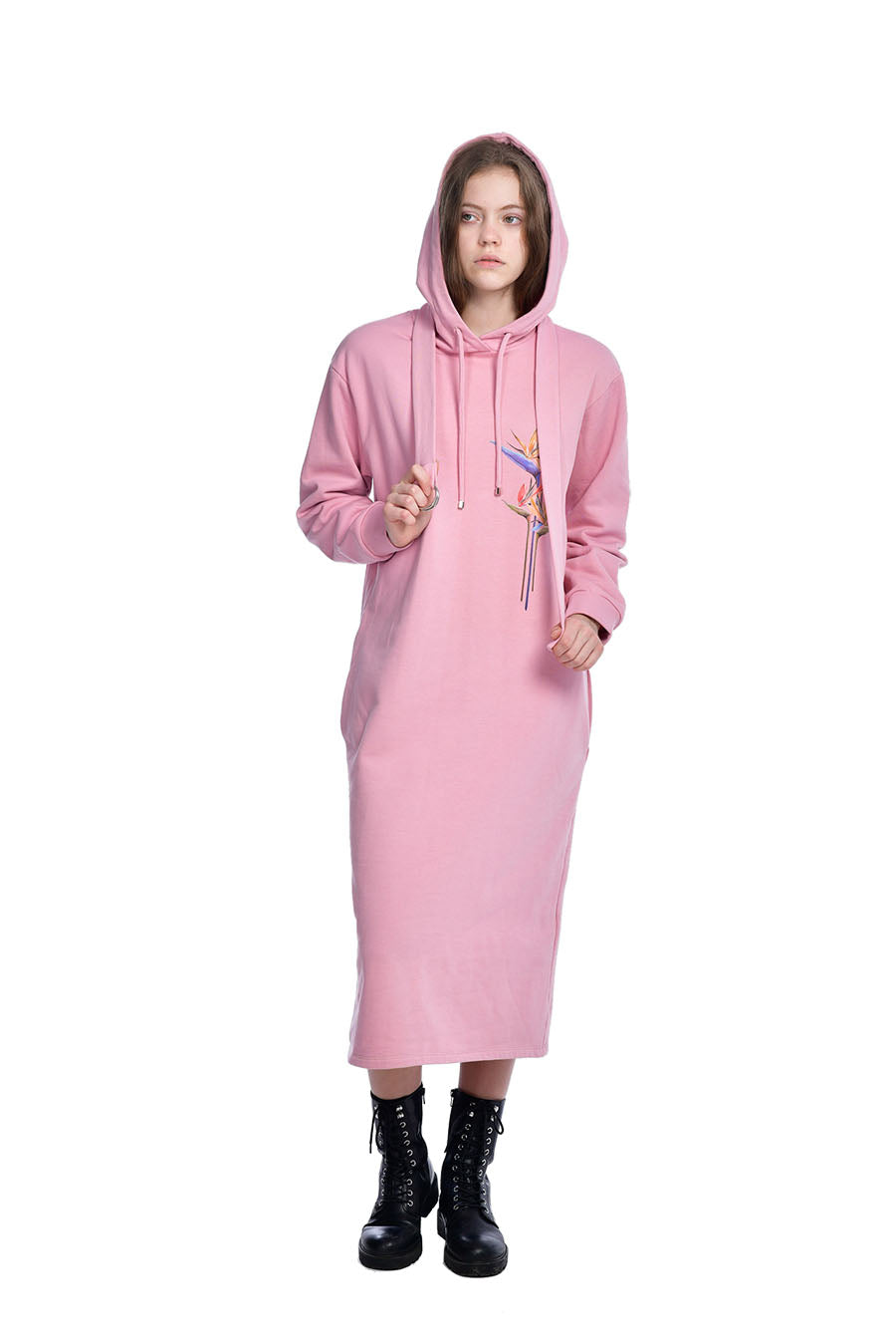 Model Wearing Hoodie Dress - Strelitzia Pink 