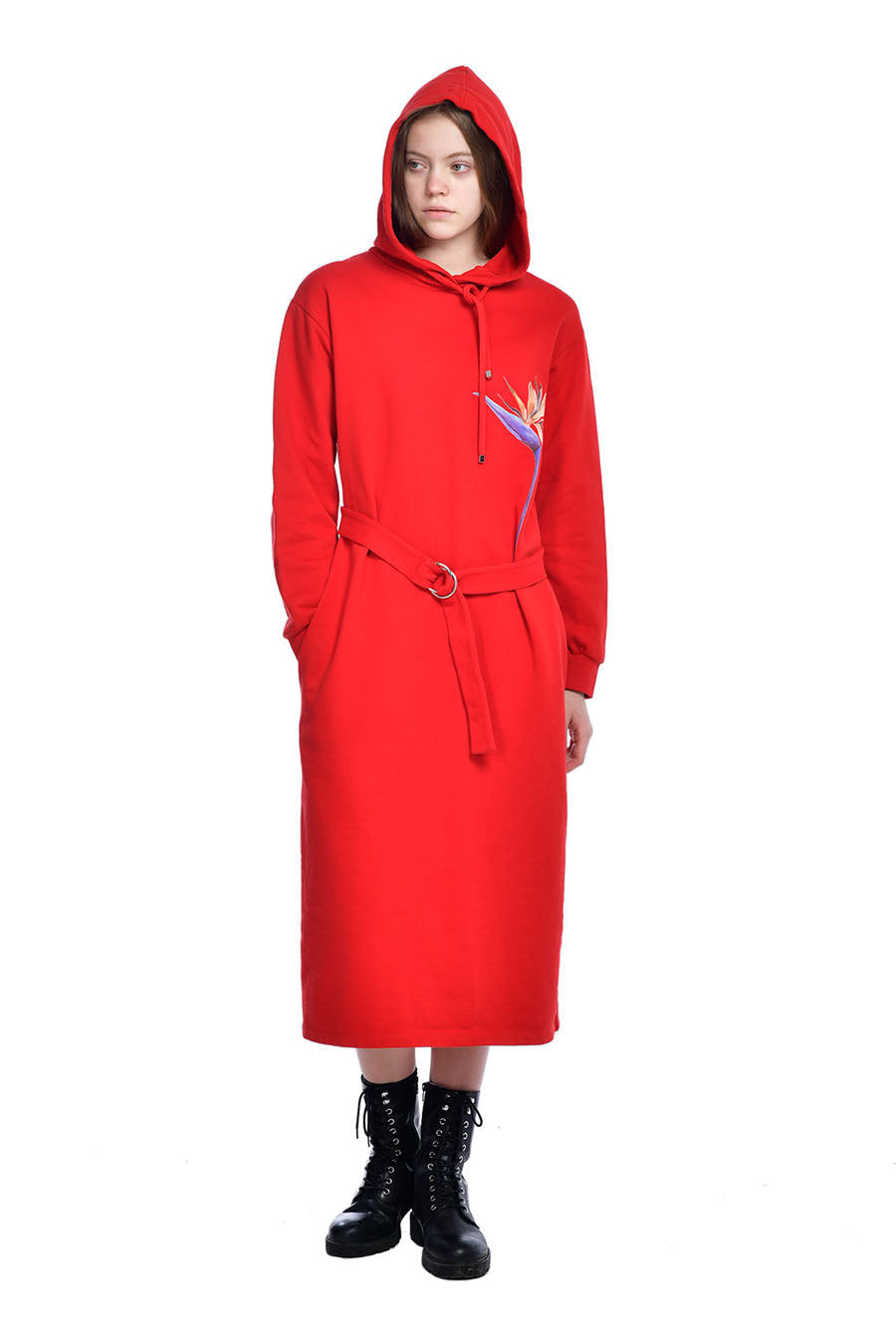Model Wearing Hoodie Dress - Strelitzia Red