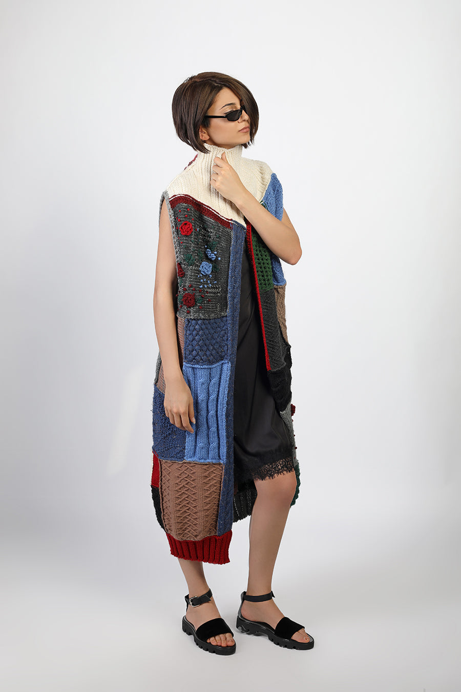 Patchwork Knit Cardigan on model