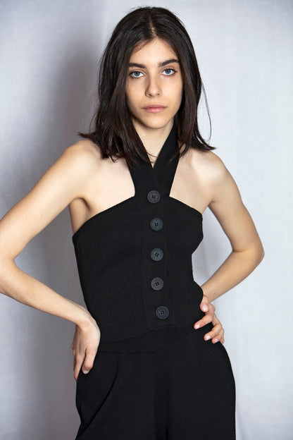 Ribbed Cotton-blend Halterneck Top