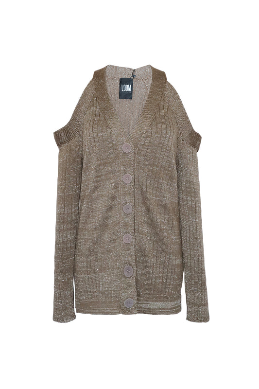 This cardigan from LOOM Weaving features cold-shoulder cutouts with lurex shine effect. 