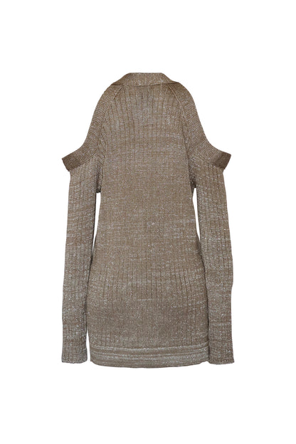 Cardigan from LOOM Weaving features cold-shoulder cutouts with lurex shine effect. 