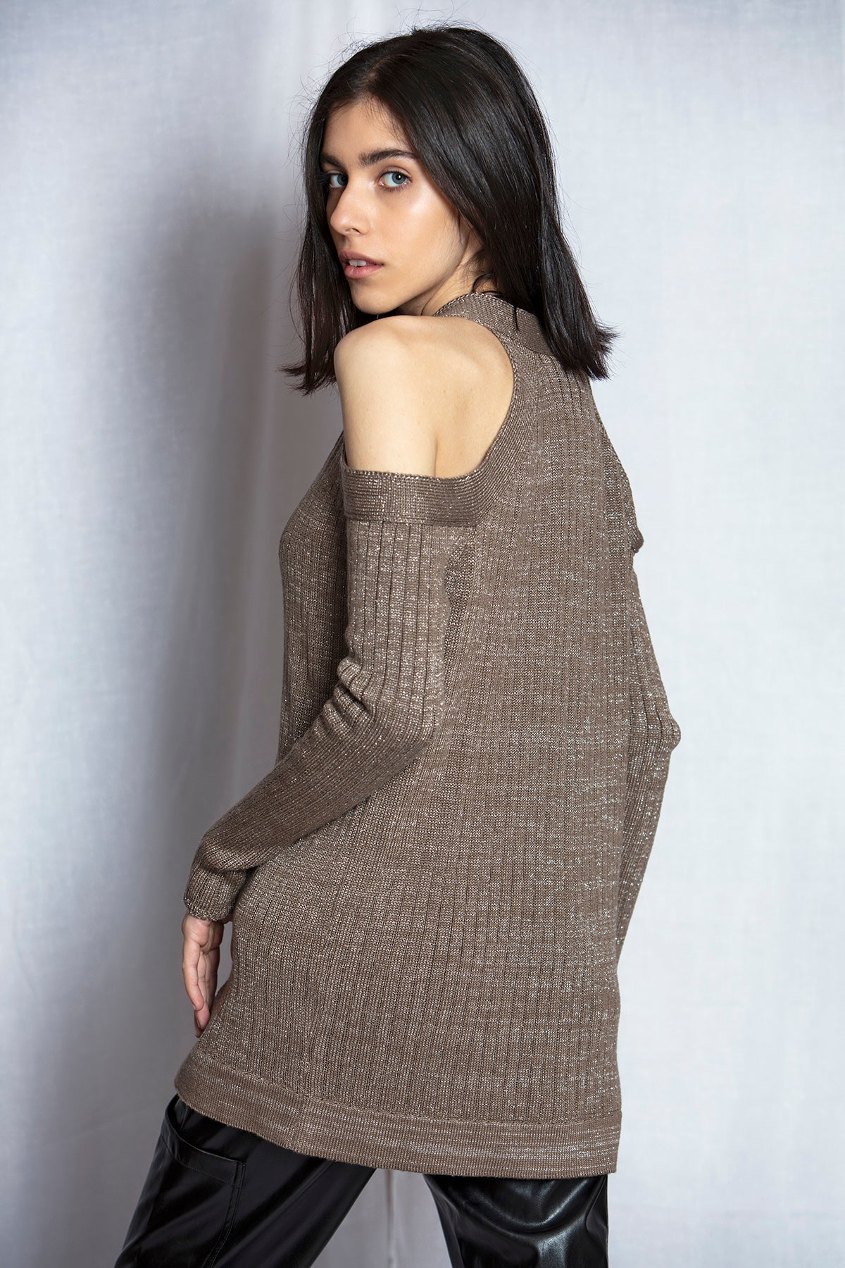 Cardigan from LOOM Weaving features cold-shoulder cutouts with lurex shine effect. 