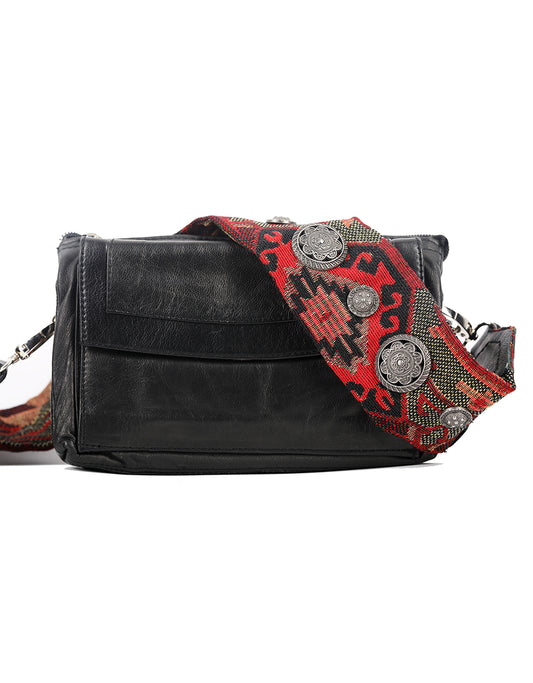 Leather Shoulder Bag with Embroidered Studded Strap