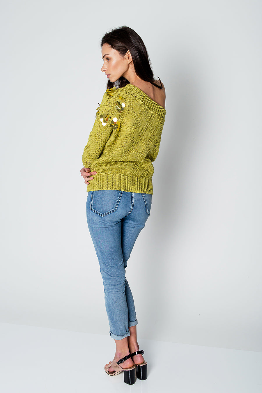 One Shoulder Green Sweater on model
