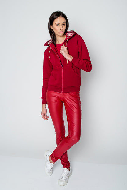 Model Wearing Red Etno Hoodie