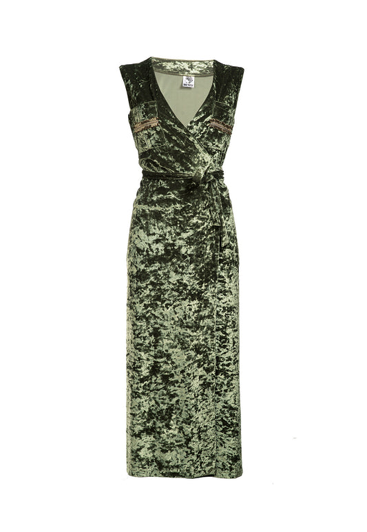 Velvet Wrap Maxi Dress - Olive Green