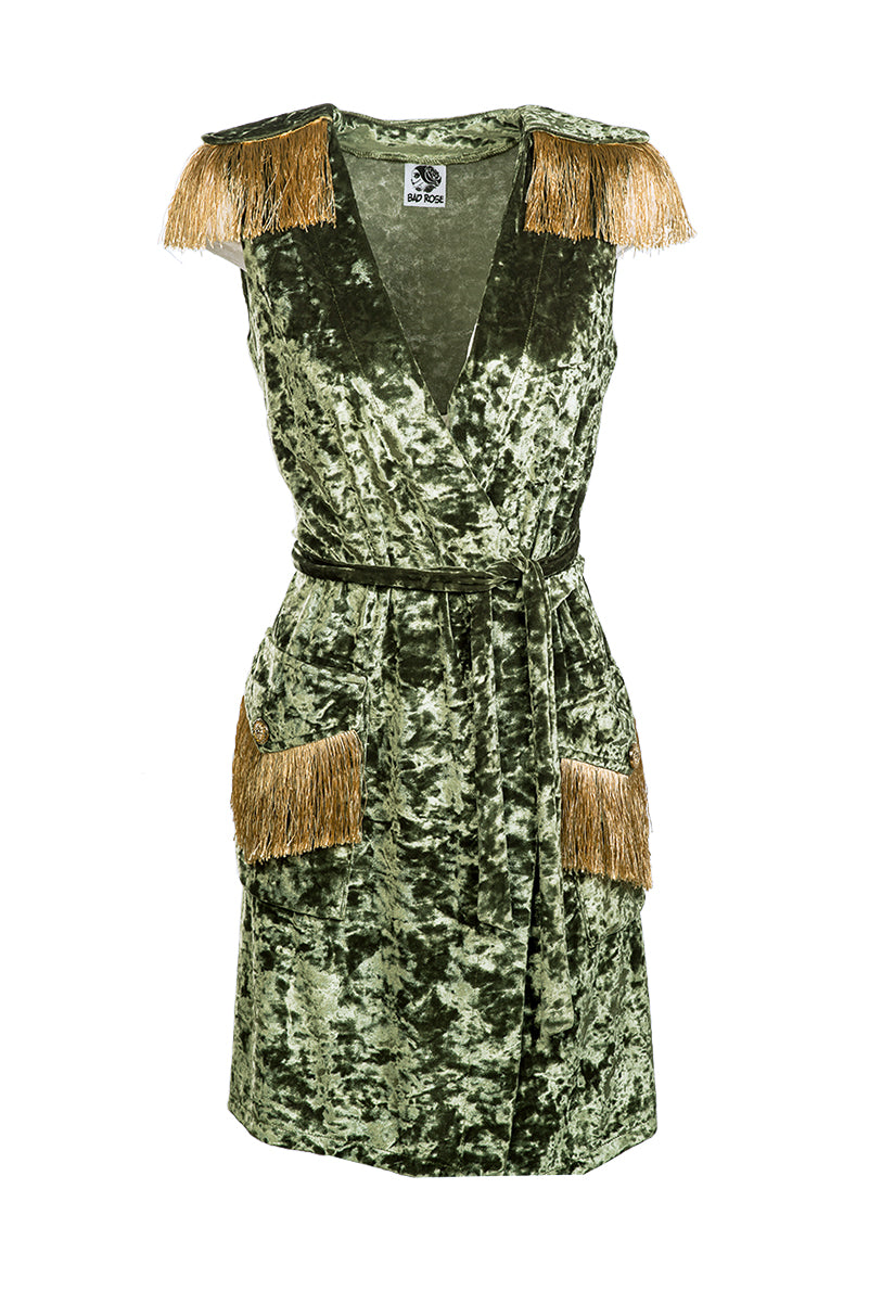 Velvet Wrap Mini Dress - Olive Green