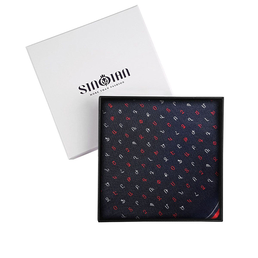 Sinoian-Red-Alphabet-pocket-square in a box