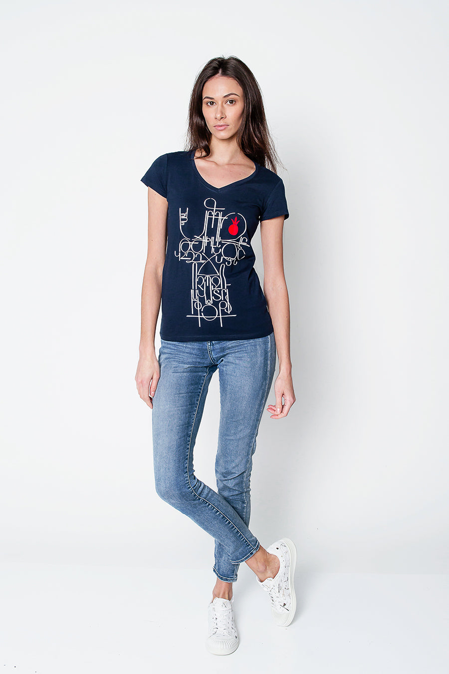 Female Model wearing Armenian Alphabet NUR T-shirt full view