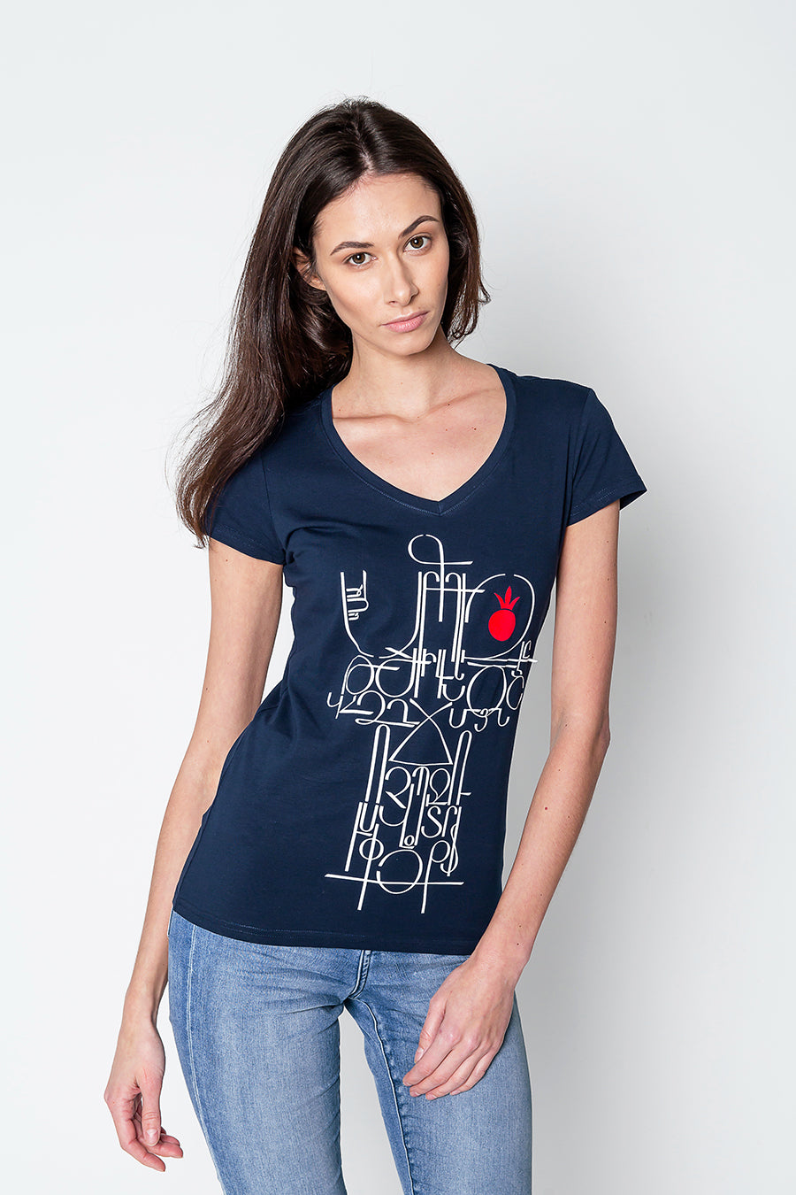 Female Model wearing Armenian Alphabet NUR  T-shirt 