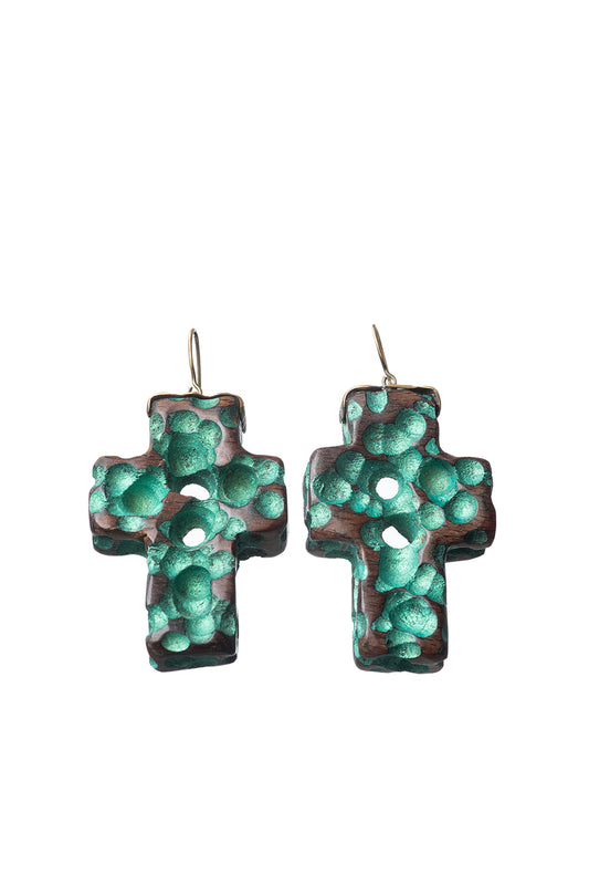 Wooden Earrings - Green Cross