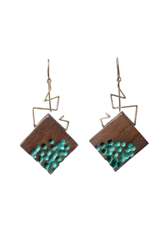 Wooden Earrings - Green Squares
