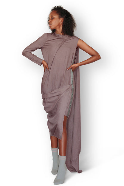 Model Wearing Draped Transformer Dress