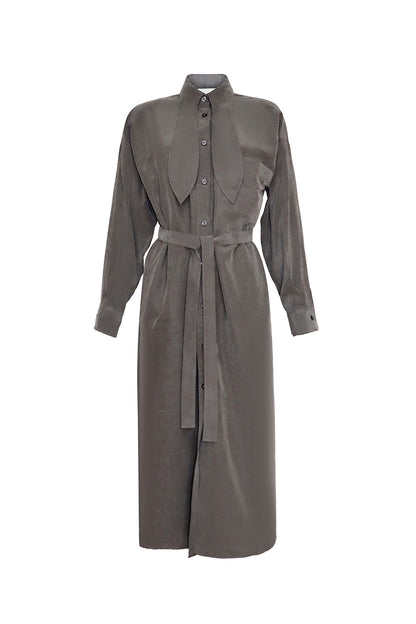 grey shirt dress with bow tie