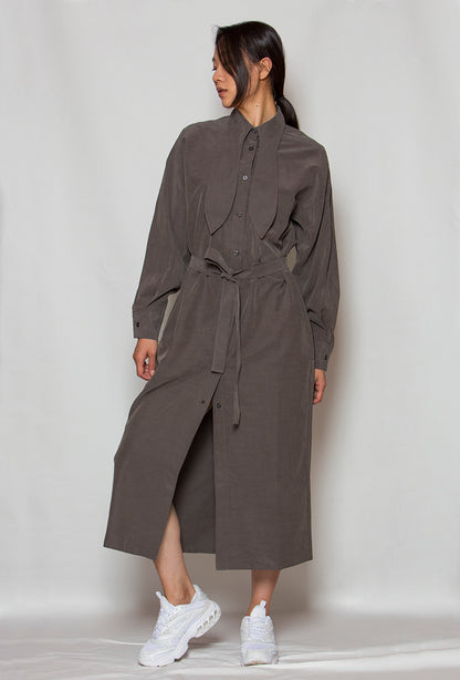 grey shirt dress with bow tie