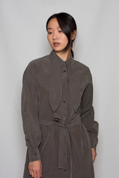 grey shirt dress with bow tie