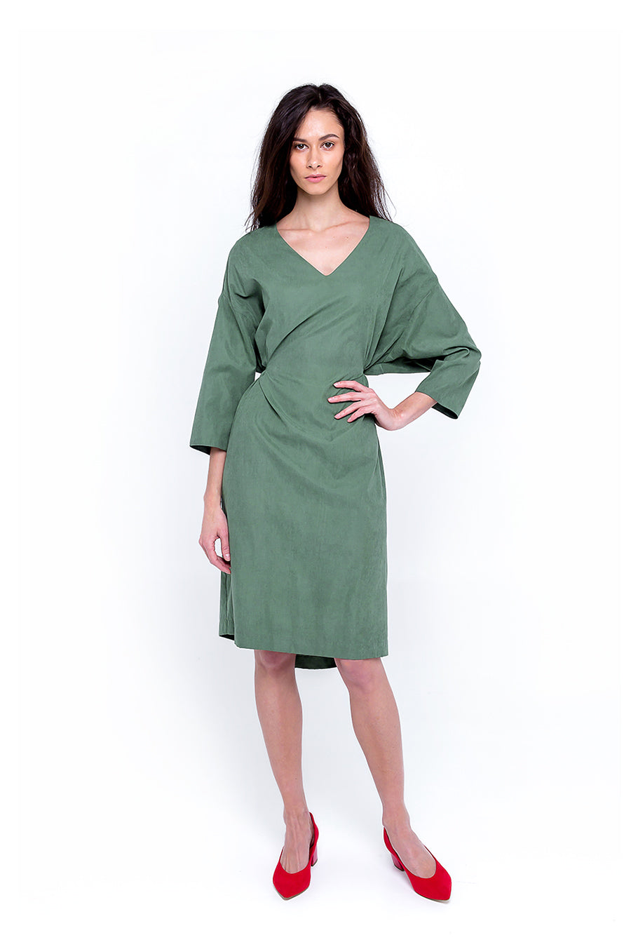 Model Wearing f by Faina Khaki Green Midi Dress