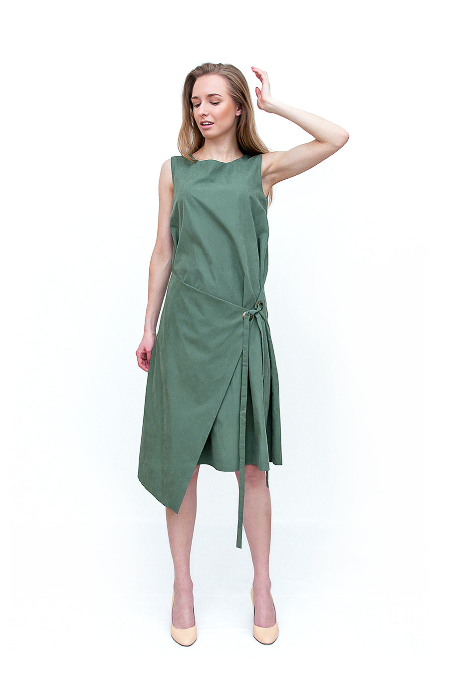 f by Faina Khaki Green Asymmetric Dress front view