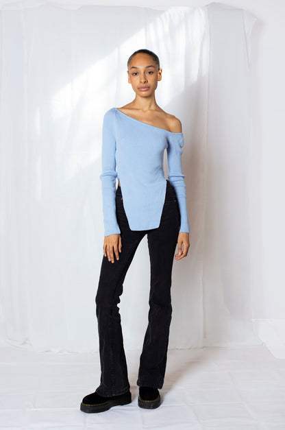Asymmetric Knit Top with Open Shoulder Blue and elegant neckline