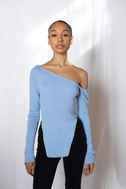 Asymmetric Knit Top with Open Shoulder Blue