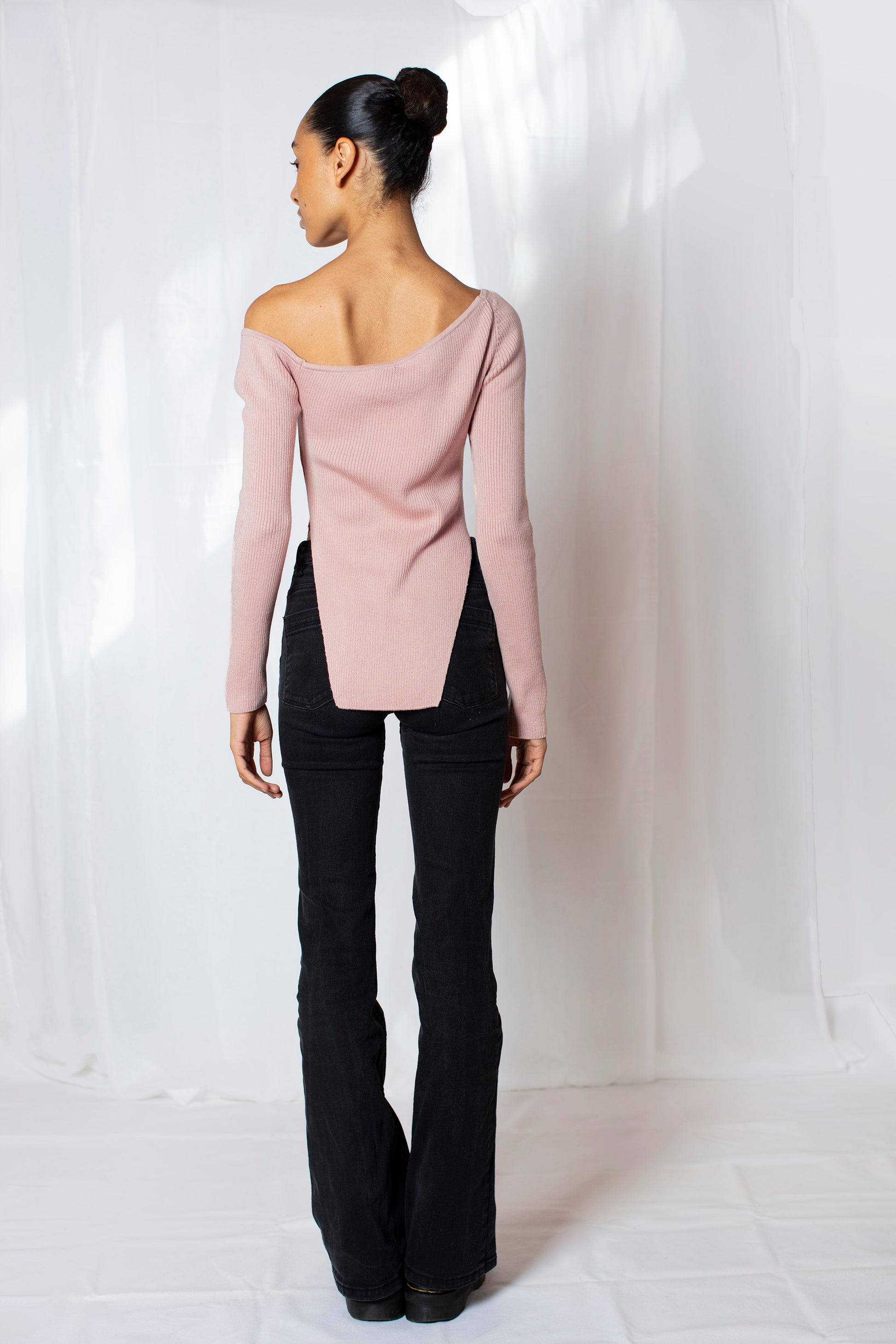 Asymmetric Knit Top with Open Shoulder - Pink