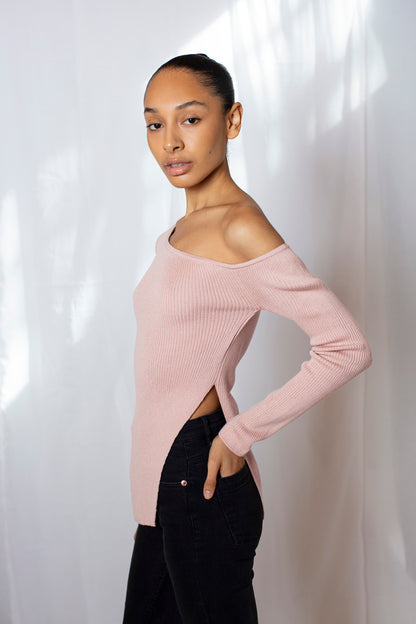 Asymmetric Knit Top with Open Shoulder - Pink