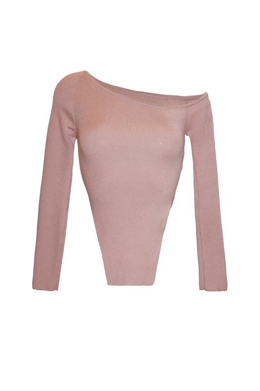 Asymmetric Knit Top with Open Shoulder - Pink