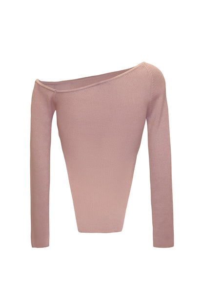 Asymmetric Knit Top with Open Shoulder - Pink